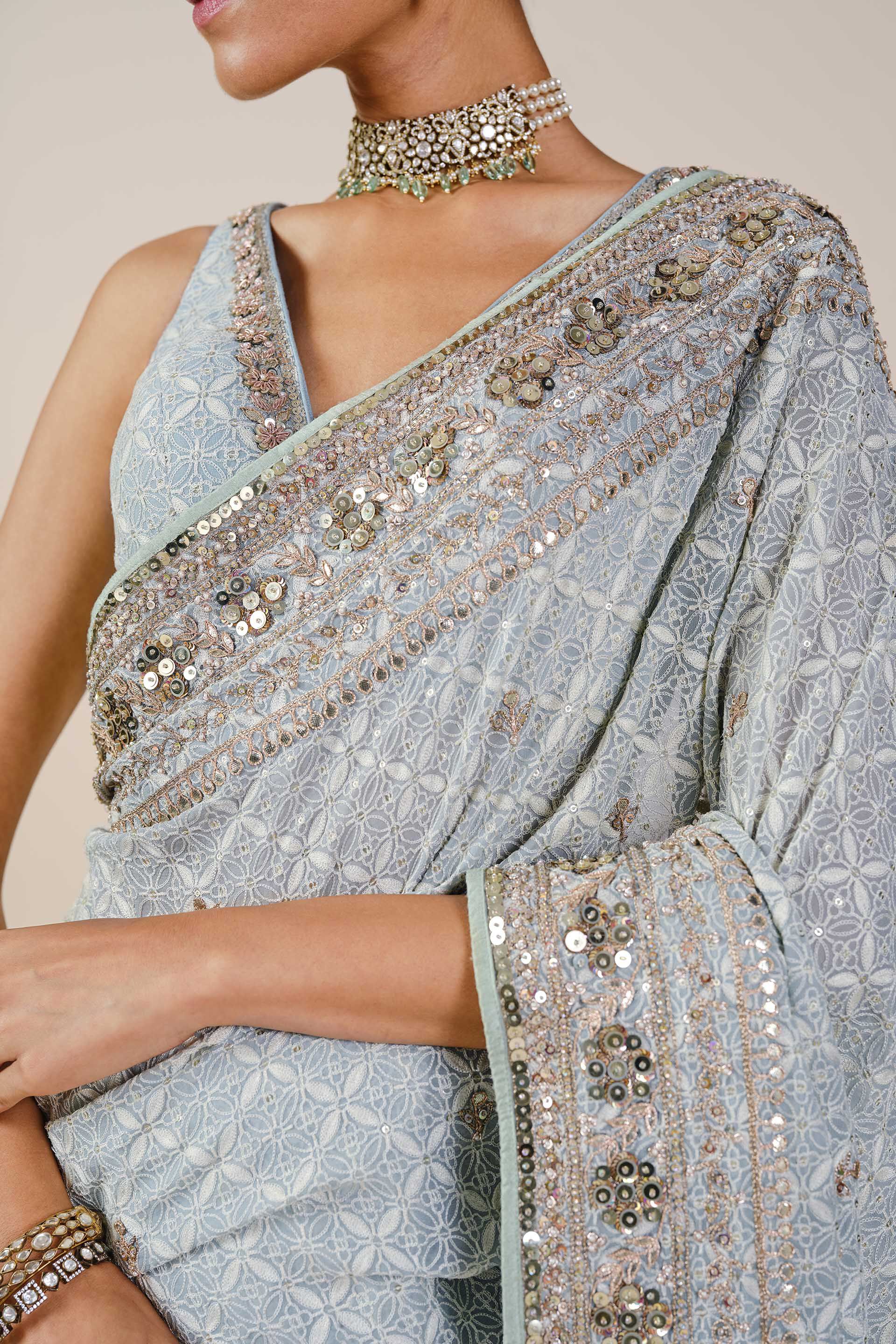 Aaloka Embroidered Georgette Saree, Powder Blue, image 7